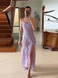 Advbridge Backless Sleeveless Ruffles Tassels Sling Dress A-line Side Split Irregular Long Dresses Summer Purple Casual Beach Clothes