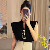 Advbridge White Elegant V Neck Blouses Women Korean Chic Folds Sleeveless Shirts Fashion Office Lady Casual All Match Crop Tops New