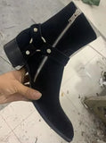 Advbridge Tan/Black Suede Leather Chains Harness Buckle Men Boots Stacked Heel Anke Boots Side Zip Men Fashion Boots Men Shoes