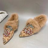 Advbridge New Rabbit Fur Pearl Multi Cystal Cherry Fox Flats Loafers Crystal Studs pointy toe Winter Fur Causal Shoes Woman Footwear