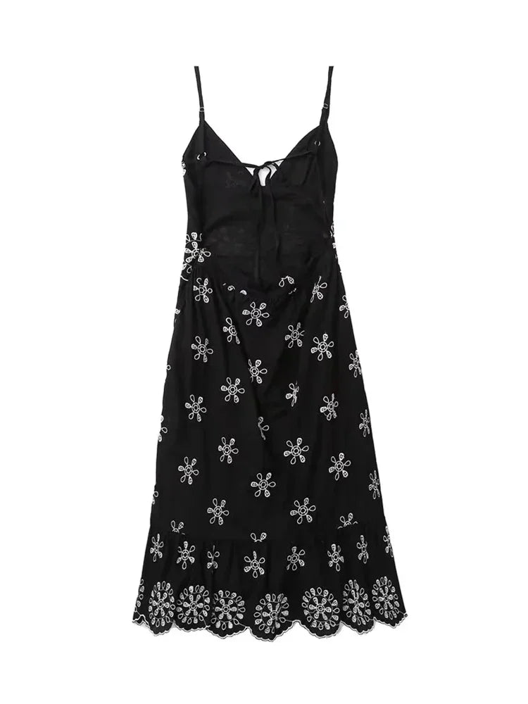 Advbridge Flower Embroidery Boho Beach Summer Dress Women Black Cotton Vintage Sundress Smocked Tie Up Holiday Party Long Maxi Vestidos