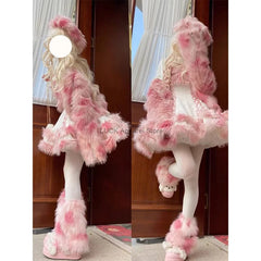 Advbridge Sweet Girl Cute Pink Lolita Cosplay Costume Versatile Coat Plush Faux Fur JSK Lolita Set Winter Cute Cake Dress