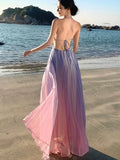 Advbridge Sexy Halter Backless Womens Dresses Elegant Casual Sleeveless Party Dress Summer Holiday Beach Gradient Pleat Vestidos Robe New