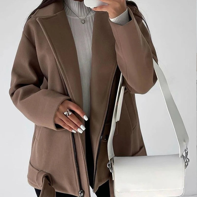 Advbridge Autumn Fashion Solid Color Woolen Coats Office Elegant Women Long Sleeve Outwear&Belt High Street Lapel Collar Thickness Coats