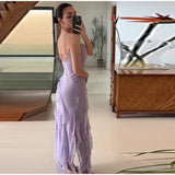 Advbridge Backless Sleeveless Ruffles Tassels Sling Dress A-line Side Split Irregular Long Dresses Summer Purple Casual Beach Clothes