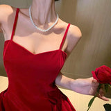ADVBRIDGE  -  Vintage Velvet Spaghetti Strap Dress Women Elegant Party Sexy Slim Skirt French Autumn Winter High Waist Bottom Dress