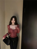 Advbridge -  Sweet Hot Girl Solid Color Square Collar Lace Shirt Women's Winter Bow Tie Slim Fit Short Bottoming Top Fashion Female Clothes