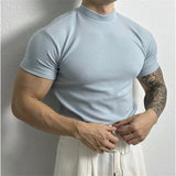 Advbridge Men Clothing Summer Short Sleeve Fitness Gym Training Tees Half High Collar Solid Skinny T-shirt Male Running Ribbed Basic Tops