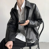Advbridge Men's Casual Texture PU Leather Jacket High Street Zippers Turn-down Collar Long Sleeve Retro Popular Coat  Autumn Clothing