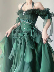 Advbridge  Green Flower Wedding Dress Cos Op Dress Lolita Heavy Industry Trail Puffy Princess Dress Lolita Cosplay Passionate Dress Set