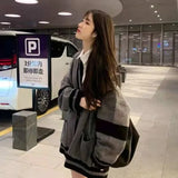 Advbridge Long Sleeve V Neck Preppy Style Knit Sweater Women Autumn Single Breasted Cotton Warm Cardigan Patchwork Grey Long Sweaters Coat