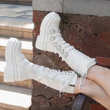 Advbridge Women‘s Thick Bottom Motorcycle Boots Women Punk Knee High Boots Autumn Winter Patent Woman Lace-up Casual Boots Red Size 34-44