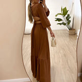 Advbridge Women Simple Solid Color Long Sleeve Dress Elegant O Neck Big Hem Pleated Dress Fashion High Waist Hollow Backless Lace-up Dress