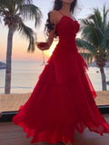 ADVBRIDGE  -  Elegant Red Ruffles Party Dress Women Sexy Spaghetti Strap Backless Slim Vacation Dresses A-Line Casual Vestidos Long Robe N585