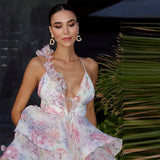 ADVBRIDGE  -  Stereo Flower Print Fuffy Dress Lace Up Slimming Strap Party Gown Pleated Skirt Hemline Halter Beach Suspender Dresses Women