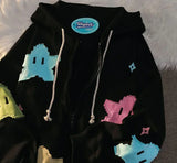 Advbridge British Gothic Punk Style Printed Star Patch Embroidery Mens and Womens Hooded Cardigan Harajuku Retro Oversized Bat Sleeve Top