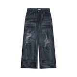 Advbridge Perforated Silhouette Jeans Men's Street Wear Ripped Baggy Jeans Distressed Wide Leg Jeans