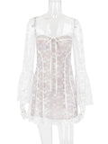 Advbridge Lace Printed Lace-Up Mini Dress Female Ruffled Square Collar Slim Fashion Sexy See-Through Dress For Women Bandage Dress