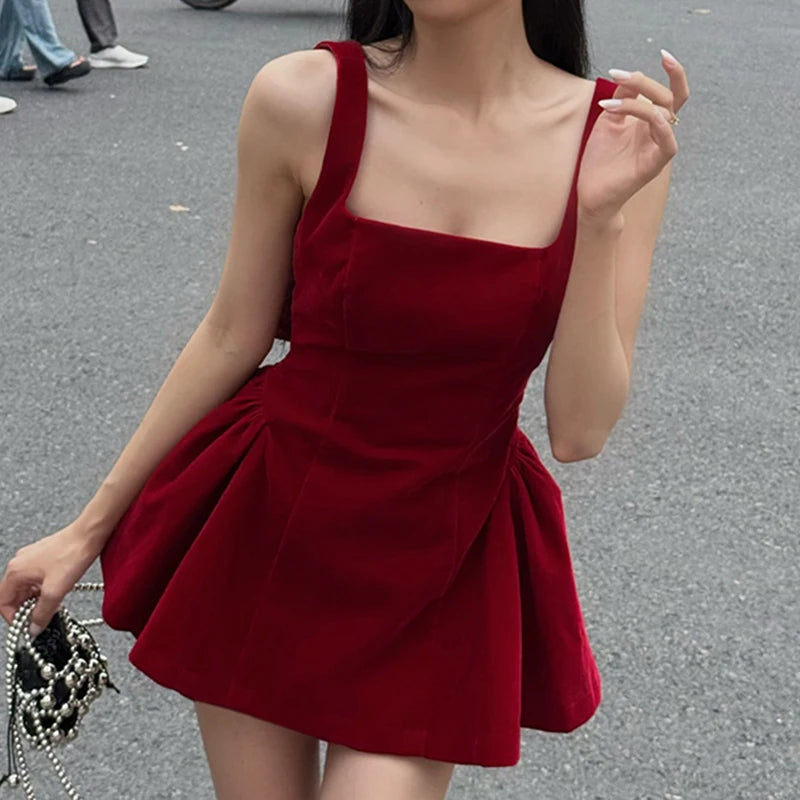 Advbridge V Line Big Bow Backless Red Short Dress Square Collar Elegant Women Sleeveless Mini Dresses Summer A-line Dress Cute