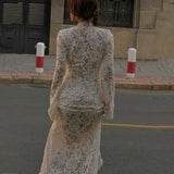 Advbridge Sexy White Lace Printed Maxi Dress For Women See-Through Hollow Out Full Sleeve V Neck Slit Slim Long Dress Party Club Outfit
