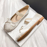 ADVBRIDGE  -  Elastic Band Silk Bow Ballet Flat Shoes for Women Round Toe Pink Bow Loafers Soft Soled Women Silk Deer Leather Shoes