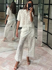 Advbridge Transparent White Pants Set Women Summer Casual Office Female Outfit 2024 Hollow Out Matching Set Spring Suit
