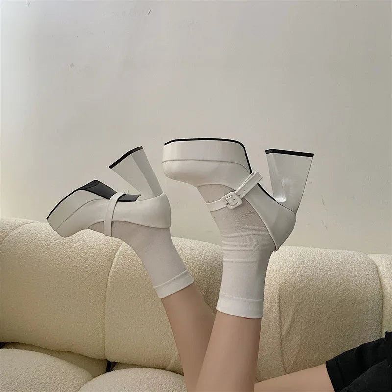 Advbridge Super High Heels Black Mary Jane Shoes Women New Vintage Platform Pumps Woman Square Toe Buckle Strap Chunky Heel Shoes Y2k