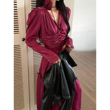 Advbridge -  Acetic Acid Satin Dresses French Retro Bubble Sleeve V Neck Dress Slim Waist Clean Color Smooth Temperament Vestido