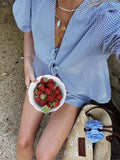 ADVBRIDGE  -  Blue Plaid Shorts 2 Piece Set V Neck Puff Sleeveless Lace-up Crop Blouse+Shorts Simple Casual Fashion Summer Suits For Women New