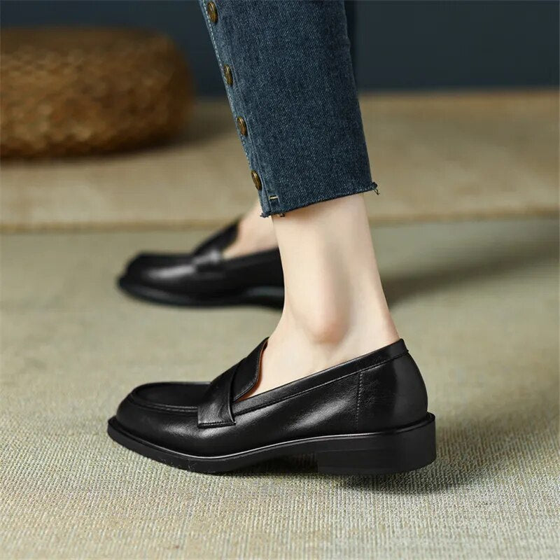Advbridge Spring Cow Leather Women Shoes Casual Round Toe Loafers Thick Heel Slip-On Shoes for Women Retro Women Pumps Zapatos De Mujer
