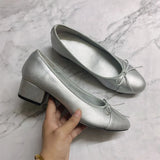 Advbridge Large 43 Multi-Color Bow Ballet High Heels Spring and Autumn Round Toe Fight Work Outside Wearing Block Heel Women's Shoes