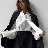 Advbridge Fashion Women Solid Long Sleeve Office Blouses Tops Pullover Lady Long Sleeve Basic Shirt Commute Bow Tie Collar French Shirt