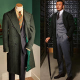 Advbridge Men Long Coat Overcoat Double Breasted Green Warm Woolen Pockets Business Causal Daily Tailored