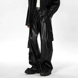 Advbridge Mens American Y2k Multi-Pocket Leather Overalls New Essential Youth Loose Casual Street Solid Color Punk Leather Pants For Men