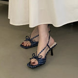 ADVBRIDGE  -  Blue Polka Dot Bow High Heel Sandals Women Fashion Square Toe Back Strap Buckle Brand Designer Shoes Sexy Open-toe Dress Shoes