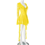 ADVBRIDGE  -  Women's Sexy Yellow Lace Mini Vestidos Chic See Through V Neck Flare Sleeve Tassel Dress 2025 Party Club Wear Slim Fit Dresses