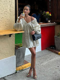Advbridge Shiny Metallic Color Loose Mini Dress Women Elegant V Neck Lantern Long Sleeves Short Dresses Fashion Lady High Street Vestidos