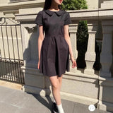 ADVBRIDGE  -  Black Lapel Puff Sleeve Cute Dress Women New Cotton Blend Academic Style Short Dress Chic Waist Tied A-line Sweet Tutu Dress Y2K