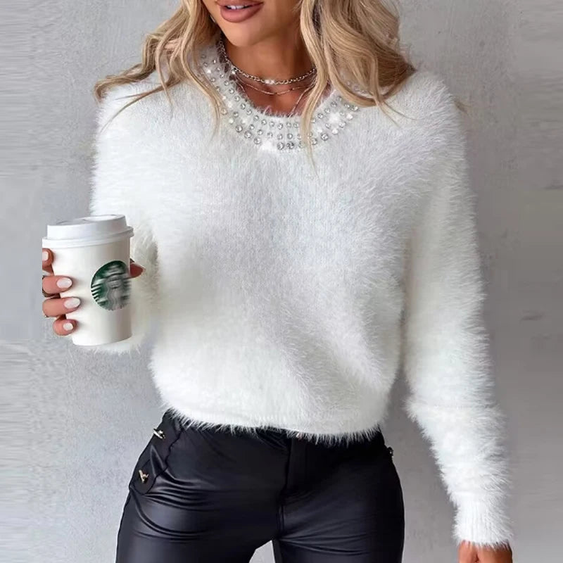 Advbridge Fashion Solid Color Long Sleeve Sweater Autumn Casual O Neck Loose Commute Jumper Elegant Beaded Street Warm Plush Pullover Tops