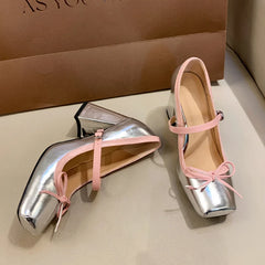 Advbridge  -  Chunky Heel Mary Jane Shoes Bow Fashions Square-toe High Heels Summer 2024 Retro Platform Sandals Silver Heeled Mary Jane Women