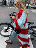 Advbridge Contrast Splicing Long Knit Cardiagn Jacket Women Stripe Crochet Woven Lantern Sleeve Knitted Warm Coat Vintage Commuter Wear