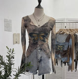 Advbridge Women's Sexy Mesh V-neck Navel-Baring T-shirt Skinny Hot Girl Denim Butterfly Embroidered Patchwork Top Essential Streetwear8921