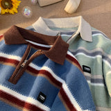 Advbridge Japan Men's Y2K Knitted Warm Polo Knit Striped Turtleneck Sweater Shirts Winter Streetwear Knitwear Korean Clothes Jumper Men