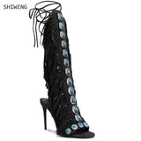 Advbridge Designer Fringe Thih High Heel Sandals Woman High Heels Open Toe Party Prom Shoes Sexy Zipper Female Tassel Pumps 44
