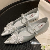 ADVBRIDGE  -  Women's genuine leather flower decoration pointed toe metal buckle slip-on Mary Jane pumps elegant ladies wedding kitten heels