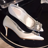 Advbridge Luxury Rhinestone Pointed Toe Stiletto Heel Women Satin Designer Dress Shoes Ladies Elegant Crystal Wedding Bridal Shoes Pumps