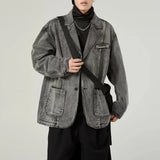 Advbridge Suit Jacket Mens Japanese Fashion Trend Retro Washed Denim Jacket Autumn New Casual Niche Distressed Suit Collar Jacket Top