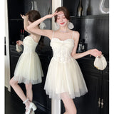 ADVBRIDGE  -  French Style Apricot Elegant Princess Dress Women Lace Strapless Sexy Mesh Mini Dresses Summer Sweet Kawaii Birthday Vestidos
