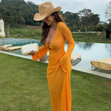 ADVBRIDGE  -  Sexy Deep V Neck Knitted Long Dress For Women Long Sleeve Solid Casual Long Robes 2025 New Lady Spring Vacation Beach Dresses