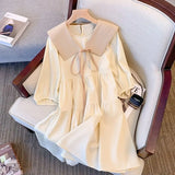 Advbridge Vintage Pleated Lacing Loose Mini Dress Summer New Half Sleeve Solid Color Sweet Casual Dresses Fashion Korean Women Clothing